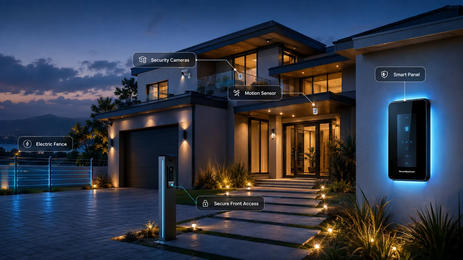 SecureSpectrum smart home security at dusk