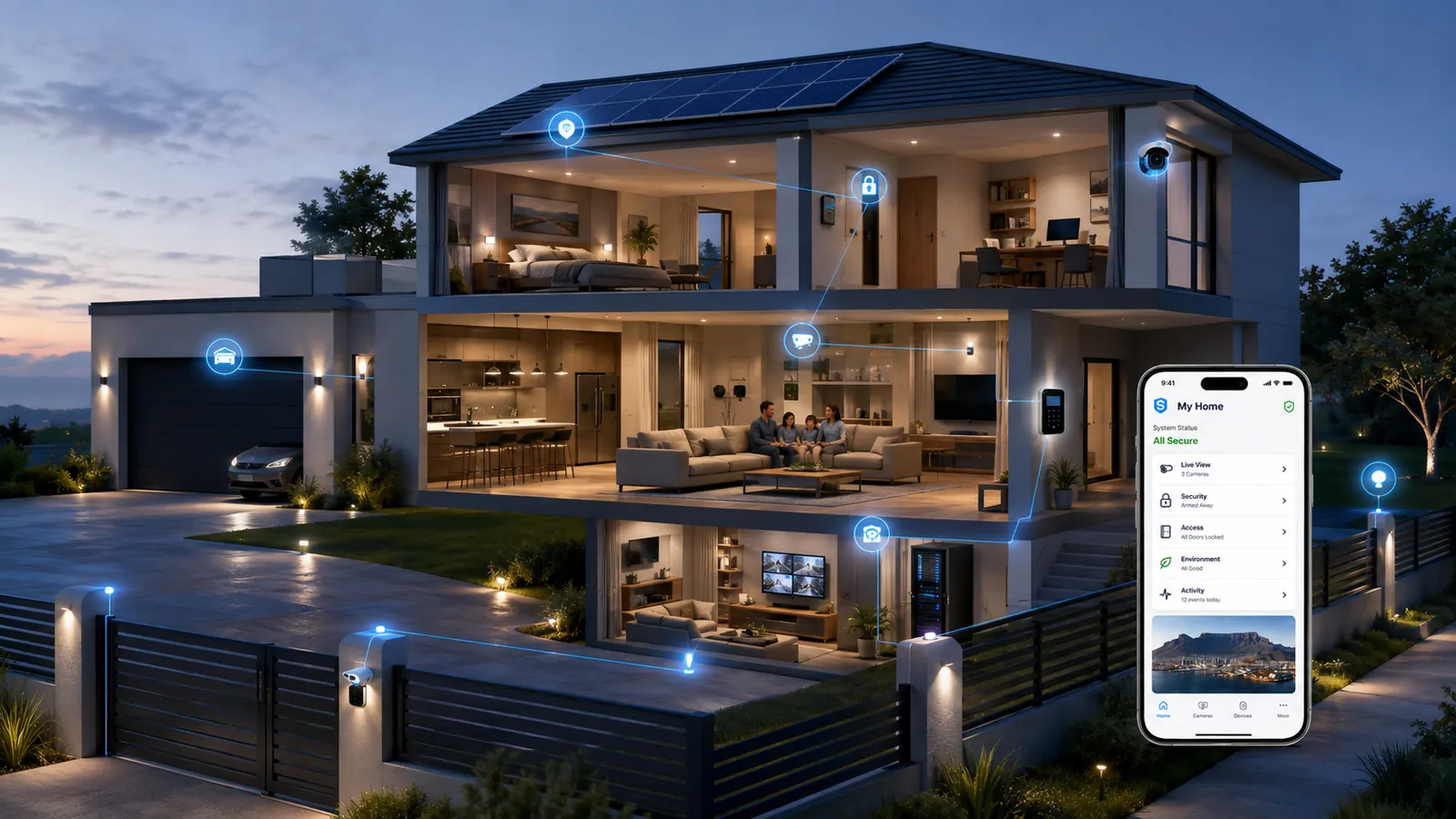 Modern connected smart home with integrated security systems